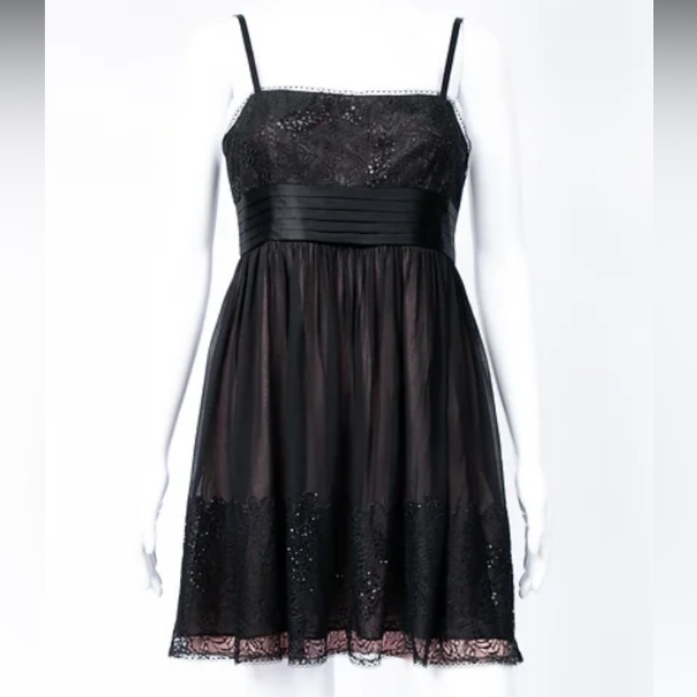 BCBGMAXAZRIA Chiffon Beaded Sleeveless Dress Silk Lining - Sz 6, Black/Pink